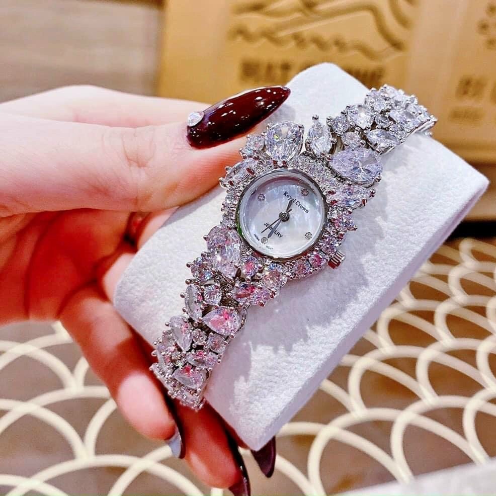 Đồng Hồ Royal Crown Mặt Khảm Trai |Nữ Giới |Đính Đá |Lắc Tay Trắng Silver |Máy Pin (Quartz) |Size 28mm |donghogiatot.vn