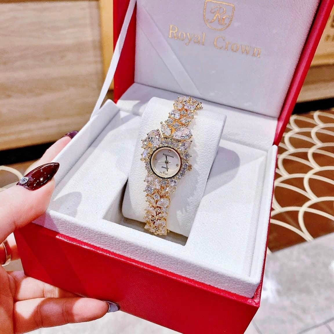 Đồng Hồ Royal Crown Mặt Khảm Trai |Nữ Giới |Đính Đá |Lắc Tay Vàng Gold |Máy Pin (Quartz) |Size 28mm |donghogiatot.vn