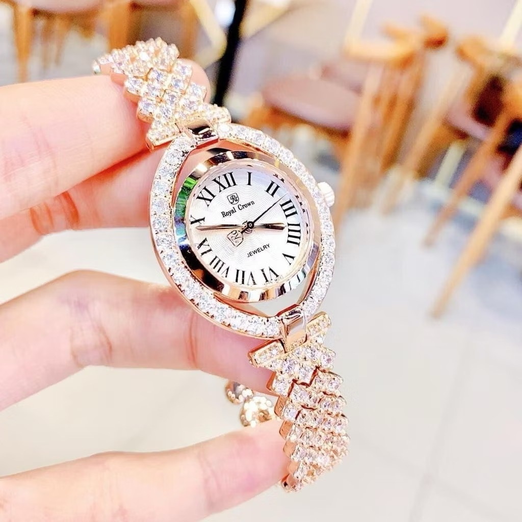 Đồng Hồ Royal Crown Mặt Oval |Nữ Giới |Rose Gold |Lắc Tay Đính Đá |Máy Pin (Quartz) |Size 32mm |donghogiatot.vn