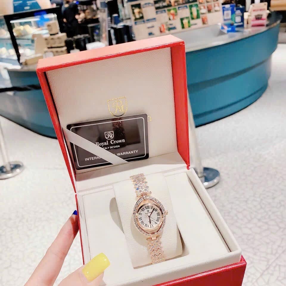Đồng Hồ Royal Crown Mặt Oval |Nữ Giới |Rose Gold |Lắc Tay Đính Đá |Máy Pin (Quartz) |Size 32mm |donghogiatot.vn
