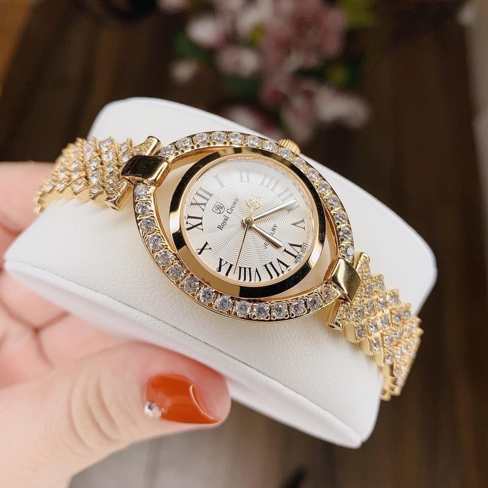 Đồng Hồ Royal Crown Mặt Oval |Nữ Giới |Vàng Gold |Lắc Tay Đính Đá |Máy Pin (Quartz) |Size 32mm |donghogiatot.vn