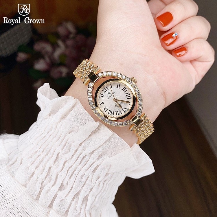 Đồng Hồ Royal Crown Mặt Oval |Nữ Giới |Vàng Gold |Lắc Tay Đính Đá |Máy Pin (Quartz) |Size 32mm |donghogiatot.vn