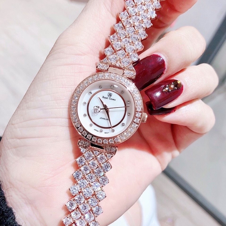 Đồng Hồ Royal Crown Mặt Trắng |Nữ Giới |Rose Gold |Dây Kim Loại Đính Đá |Máy Pin (Quartz) |Size 30mm |donghogiatot.vn