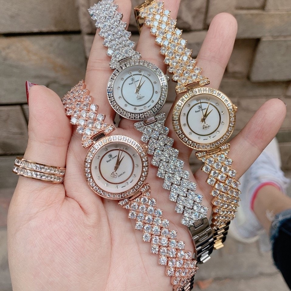 Đồng Hồ Royal Crown Mặt Trắng |Nữ Giới |Rose Gold |Dây Kim Loại Đính Đá |Máy Pin (Quartz) |Size 30mm |donghogiatot.vn