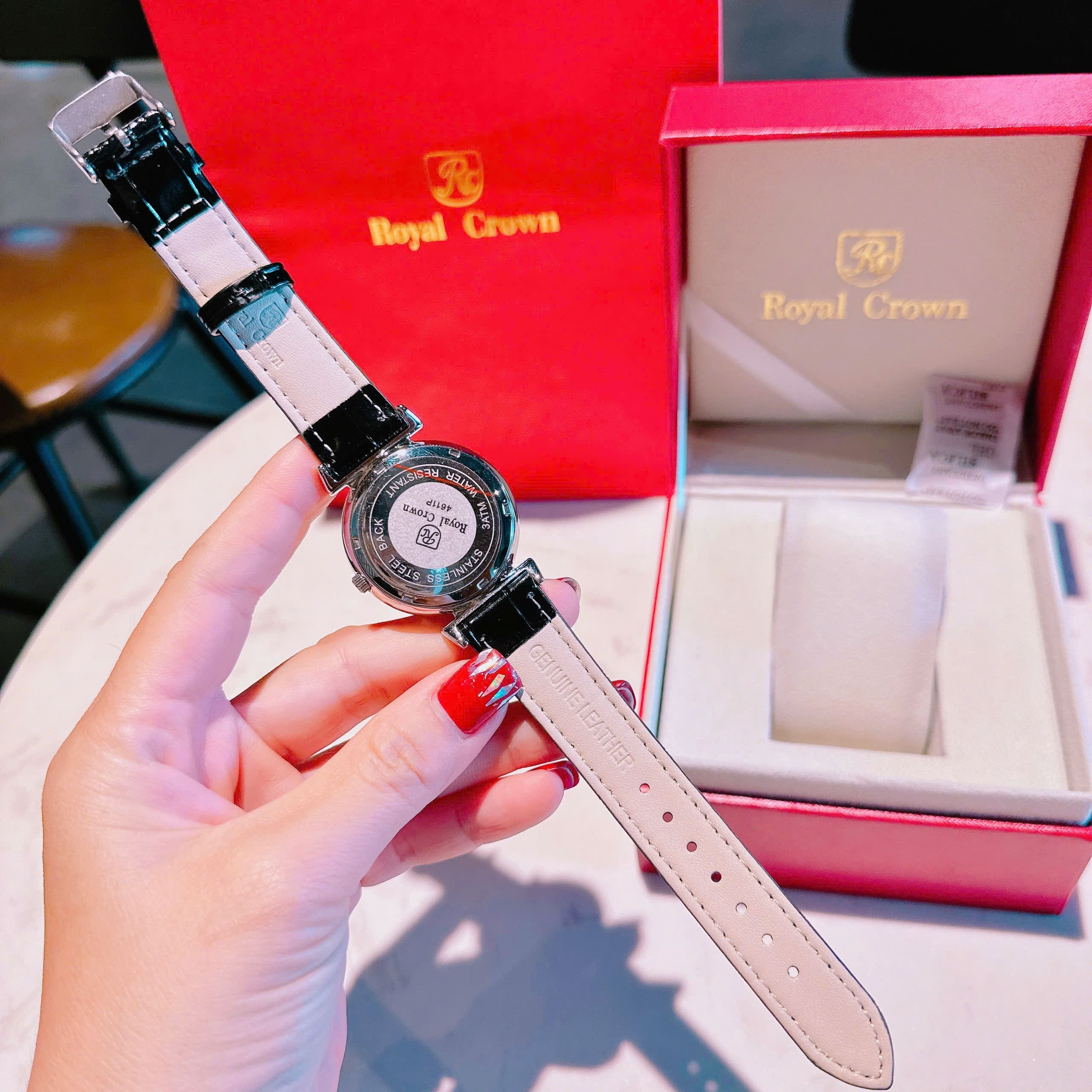 Đồng Hồ Royal Crown Mặt Tròn |Nữ Giới |Đính Đá |Dây Da Đen |Máy Pin (Quartz) |Size 35mm |donghogiatot.vn