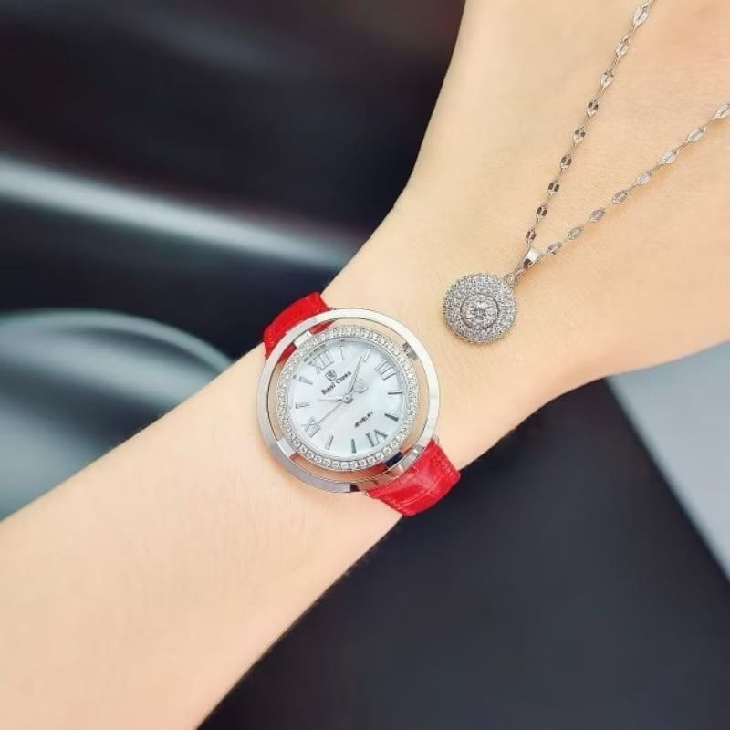 Đồng Hồ Royal Crown Mặt Xà Cừ Trắng |Nữ Giới |Đính Đá |Dây Da Đỏ |Máy Pin (Quartz) |Size 36mm |donghogiatot.vn