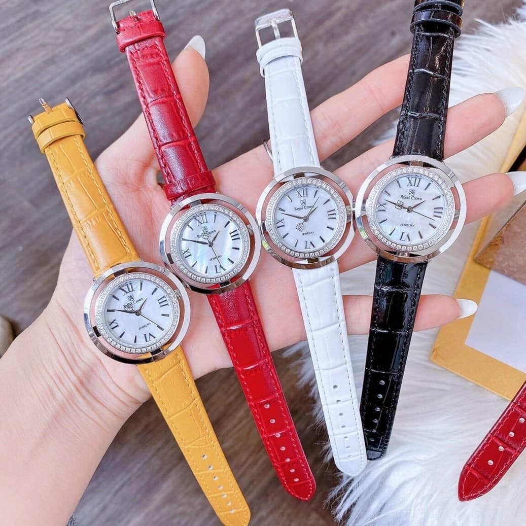 Đồng Hồ Royal Crown Mặt Xà Cừ Trắng |Nữ Giới |Đính Đá |Dây Da Trắng |Máy Pin (Quartz) |Size 36mm |donghogiatot.vn