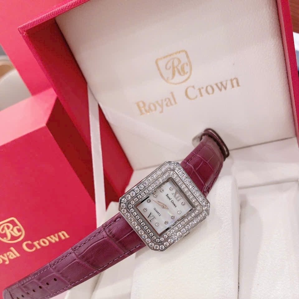Đồng Hồ Royal Crown Mặt Vuông |Nữ Giới |Đính Đá |Dây Da Đỏ Mận |Máy Pin (Quartz) |Size 34mm |donghogiatot.vn