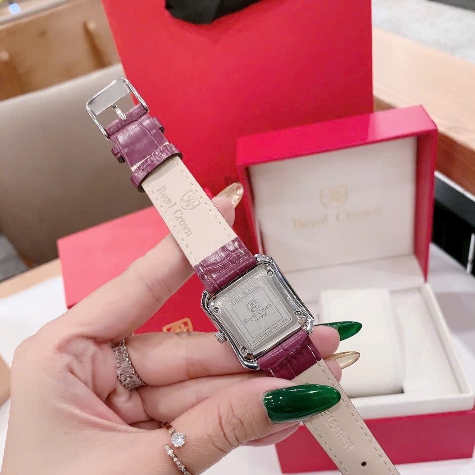 Đồng Hồ Royal Crown Mặt Vuông |Nữ Giới |Đính Đá |Dây Da Đỏ Mận |Máy Pin (Quartz) |Size 34mm |donghogiatot.vn