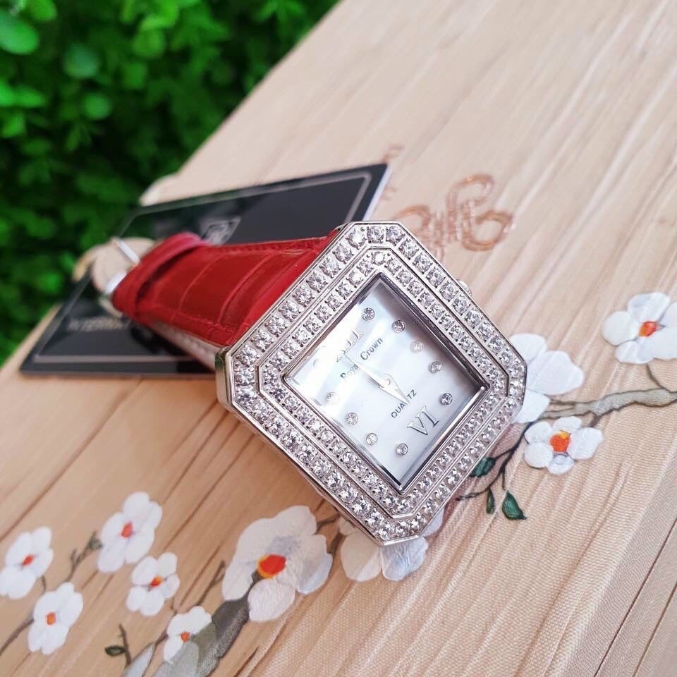 Đồng Hồ Royal Crown Mặt Vuông |Nữ Giới |Đính Đá |Dây Da Đỏ |Máy Pin (Quartz) |Size 34mm |donghogiatot.vn