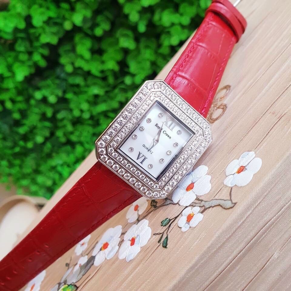 Đồng Hồ Royal Crown Mặt Vuông |Nữ Giới |Đính Đá |Dây Da Đỏ |Máy Pin (Quartz) |Size 34mm |donghogiatot.vn