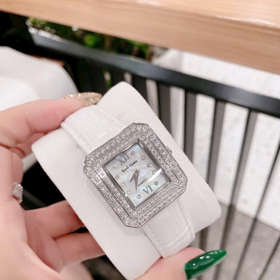 Đồng Hồ Royal Crown Mặt Vuông |Nữ Giới |Đính Đá |Dây Da Trắng |Máy Pin (Quartz) |Size 34mm |donghogiatot.vn