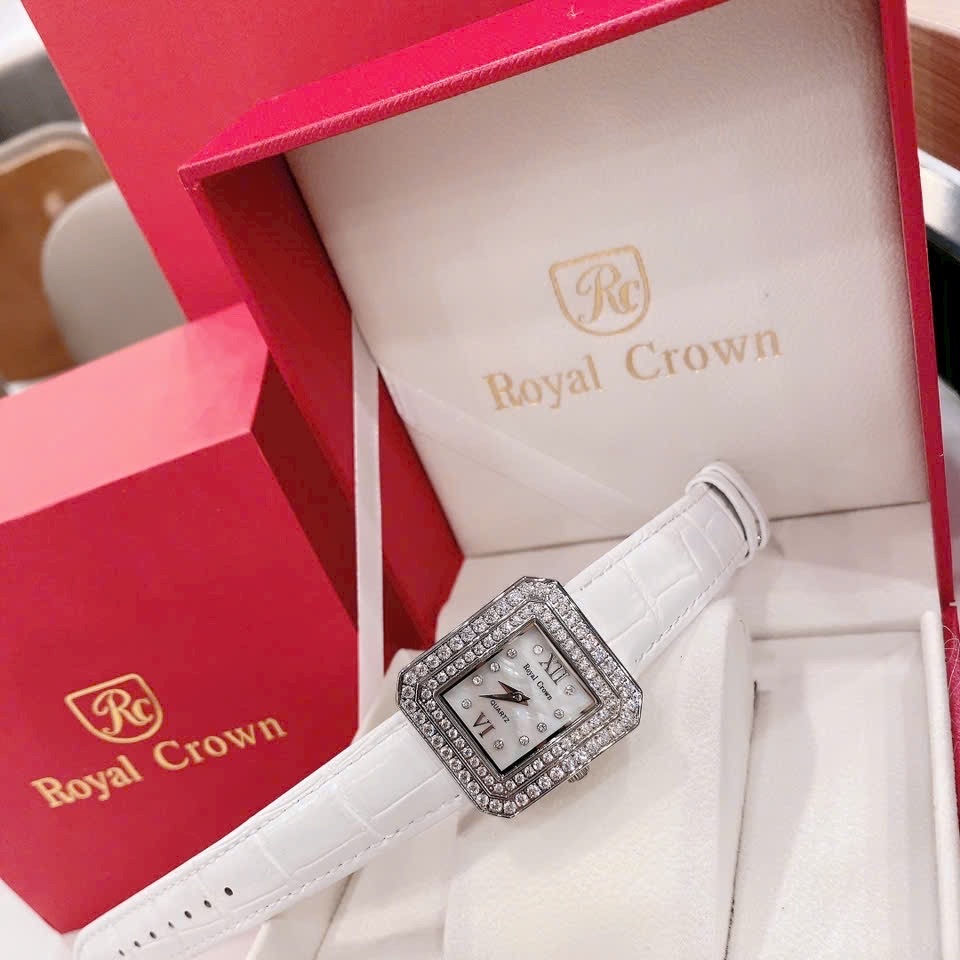 Đồng Hồ Royal Crown Mặt Vuông |Nữ Giới |Đính Đá |Dây Da Trắng |Máy Pin (Quartz) |Size 34mm |donghogiatot.vn