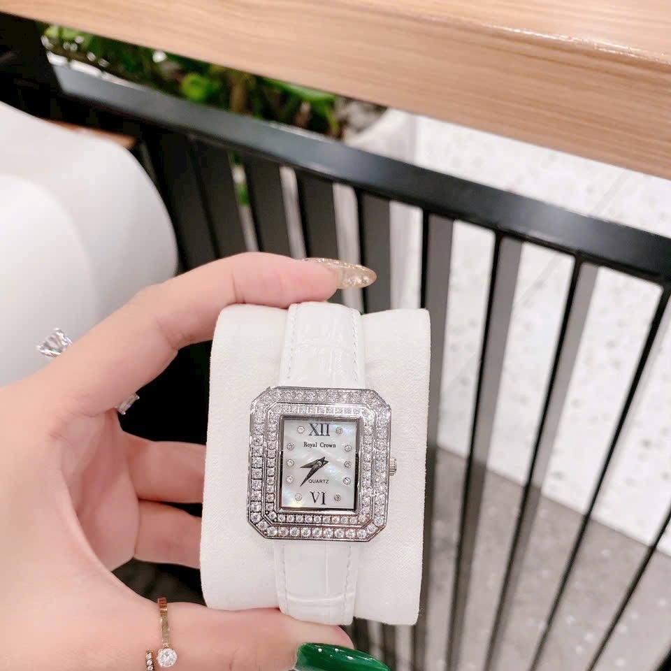 Đồng Hồ Royal Crown Mặt Vuông |Nữ Giới |Đính Đá |Dây Da Trắng |Máy Pin (Quartz) |Size 34mm |donghogiatot.vn