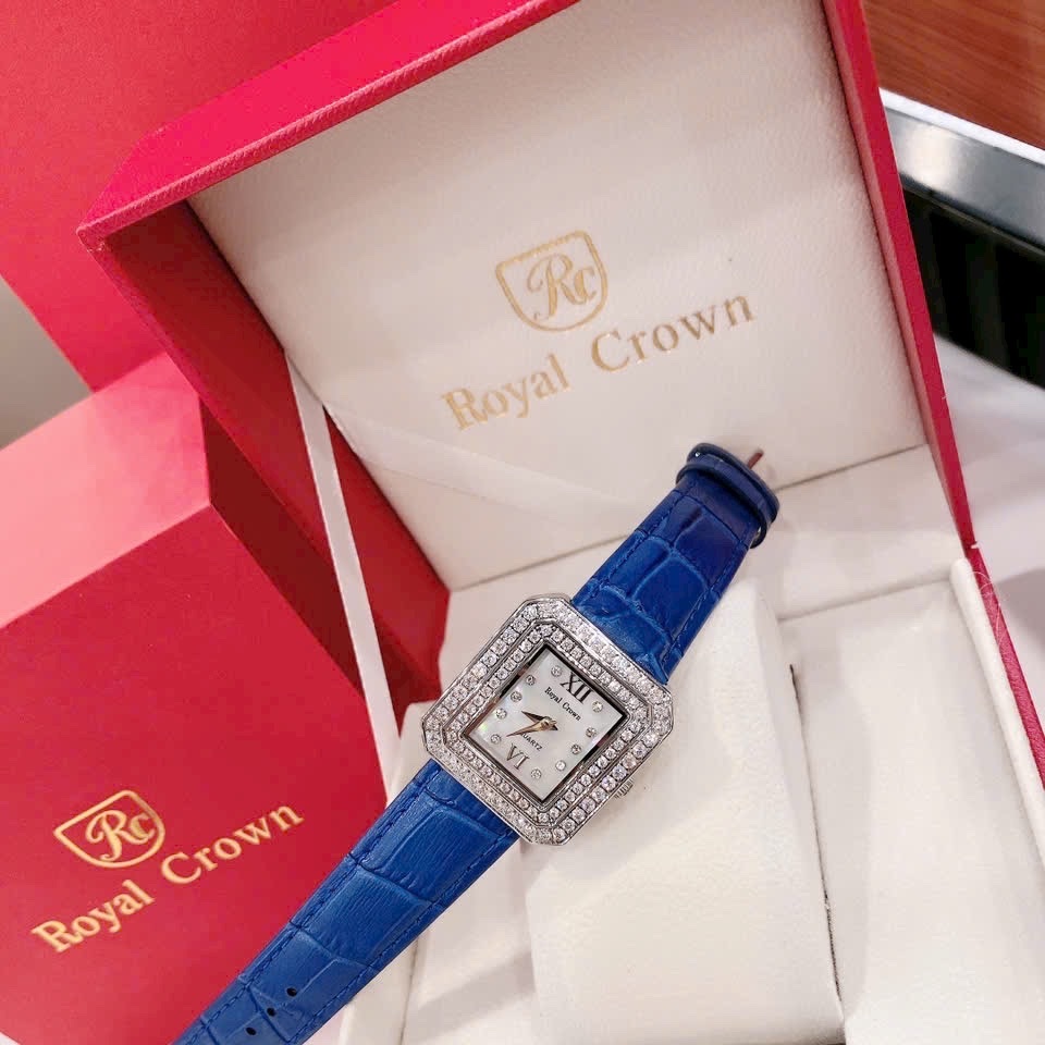 Đồng Hồ Royal Crown Mặt Vuông |Nữ Giới |Đính Đá |Dây Da Xanh Dương |Máy Pin (Quartz) |Size 34mm |donghogiatot.vn