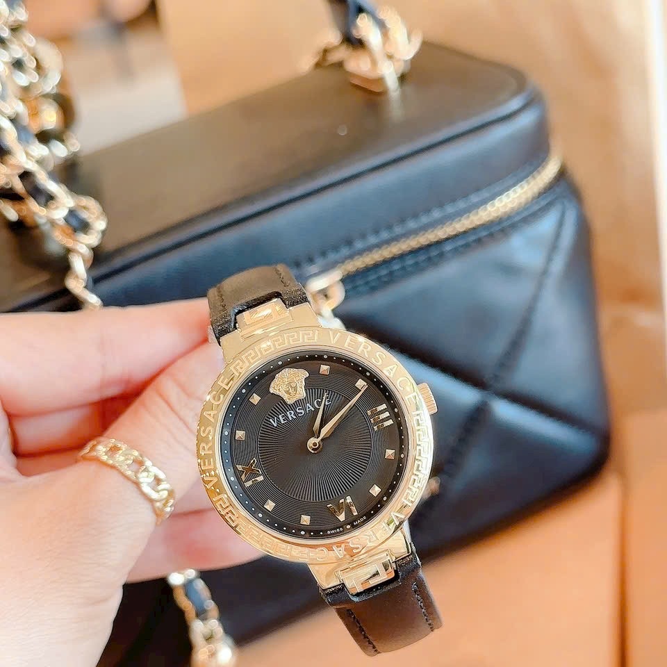 Đồng Hồ Versace Damenuhr Greca |Nữ Giới |Vàng Gold |Dây Da Màu Đen |Máy Pin (Quartz) |Size 36mm |donghogiatot.vn