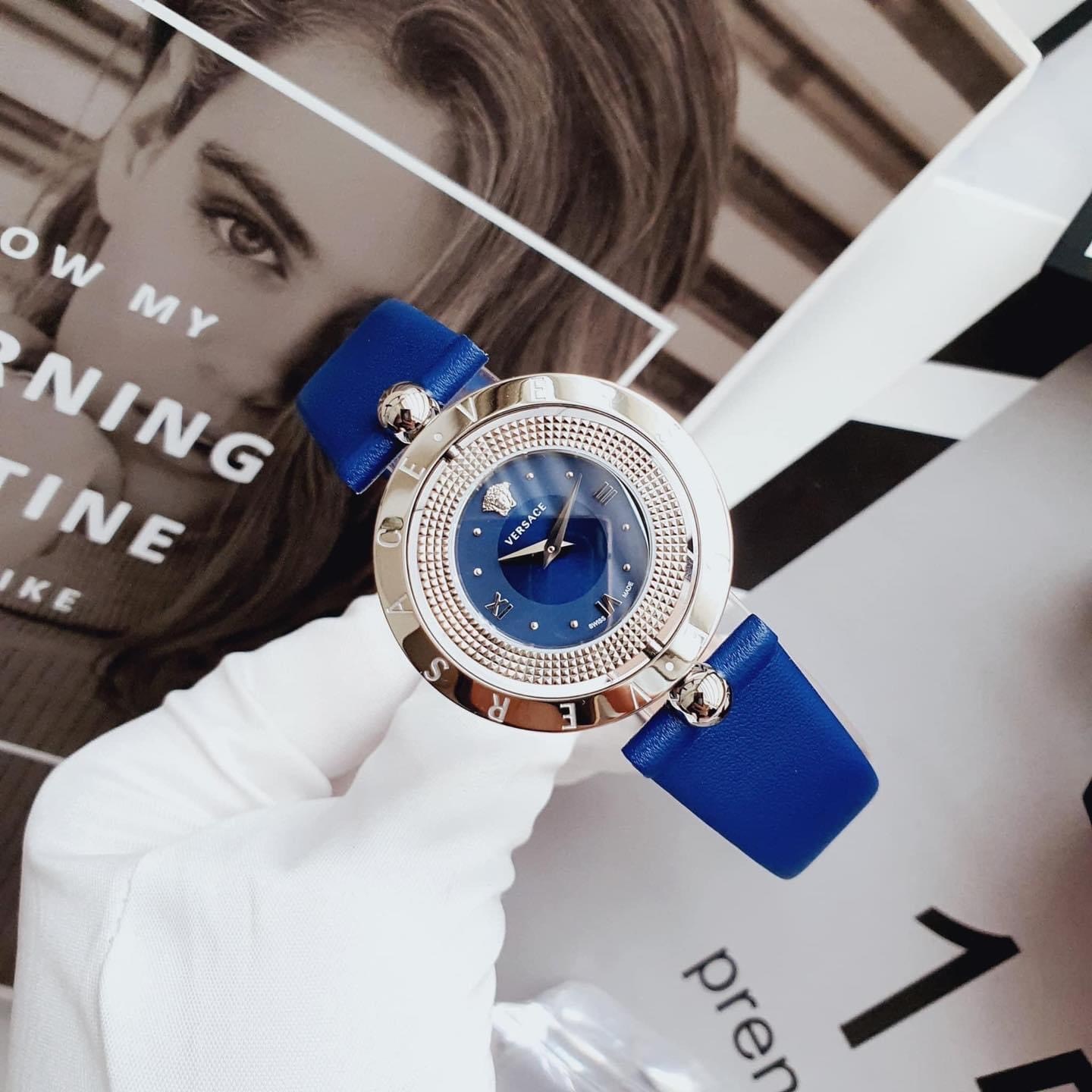 Đồng Hồ Versace Eon Mặt Xoay |Nữ Giới |Silver |Dây Da Xanh Dương |Máy Pin (Quartz) |Size 33mm |donghogiatot.vn