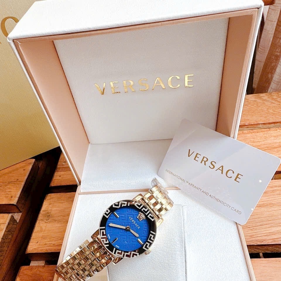 Đồng Hồ Versace Greca Glass Bracelet |Nữ Giới |Xanh Dương |Dây Kim Loại Vàng Gold |Máy Pin (Quartz) |Size 32mm |donghogiatot.vn