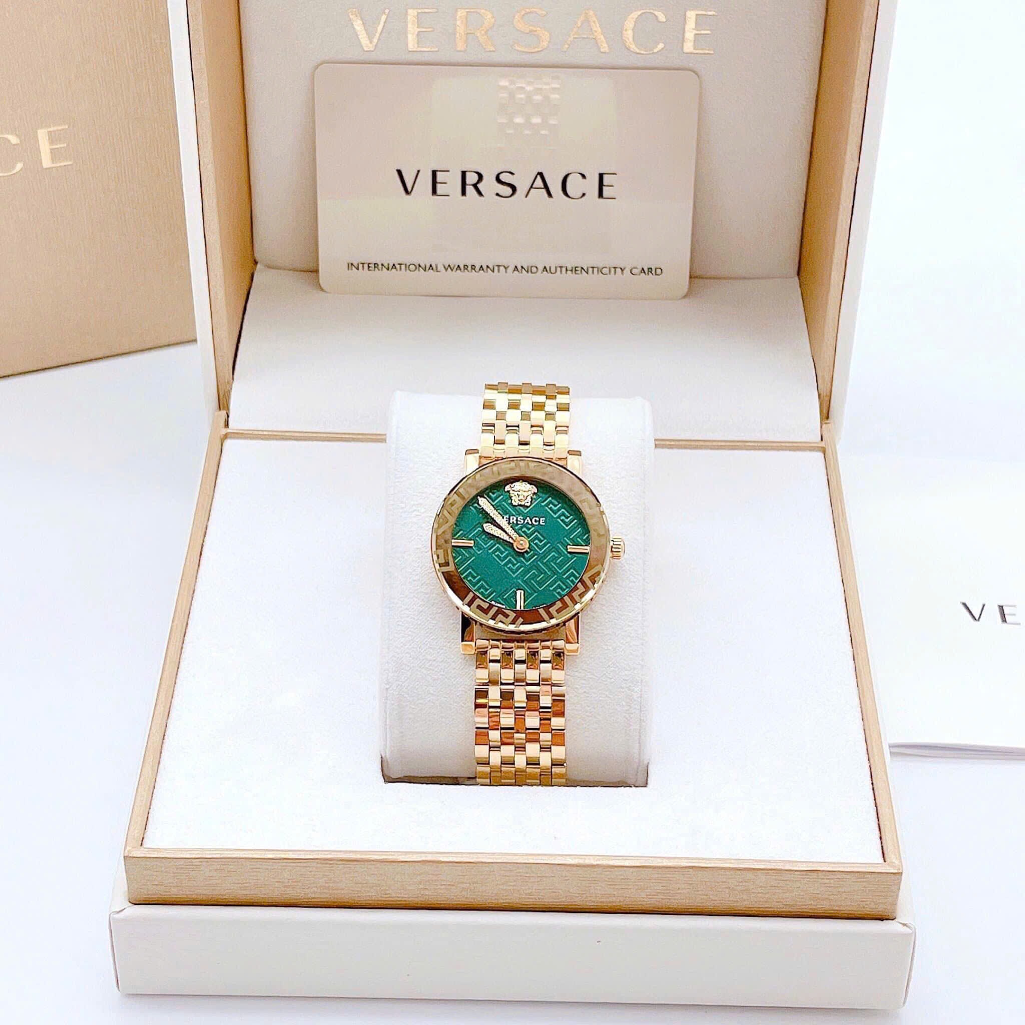 Đồng Hồ Versace Greca Glass Bracelet |Nữ Giới |Xanh Lá |Dây Kim Loại Vàng Gold |Máy Pin (Quartz) |Size 32mm |donghogiatot.vn