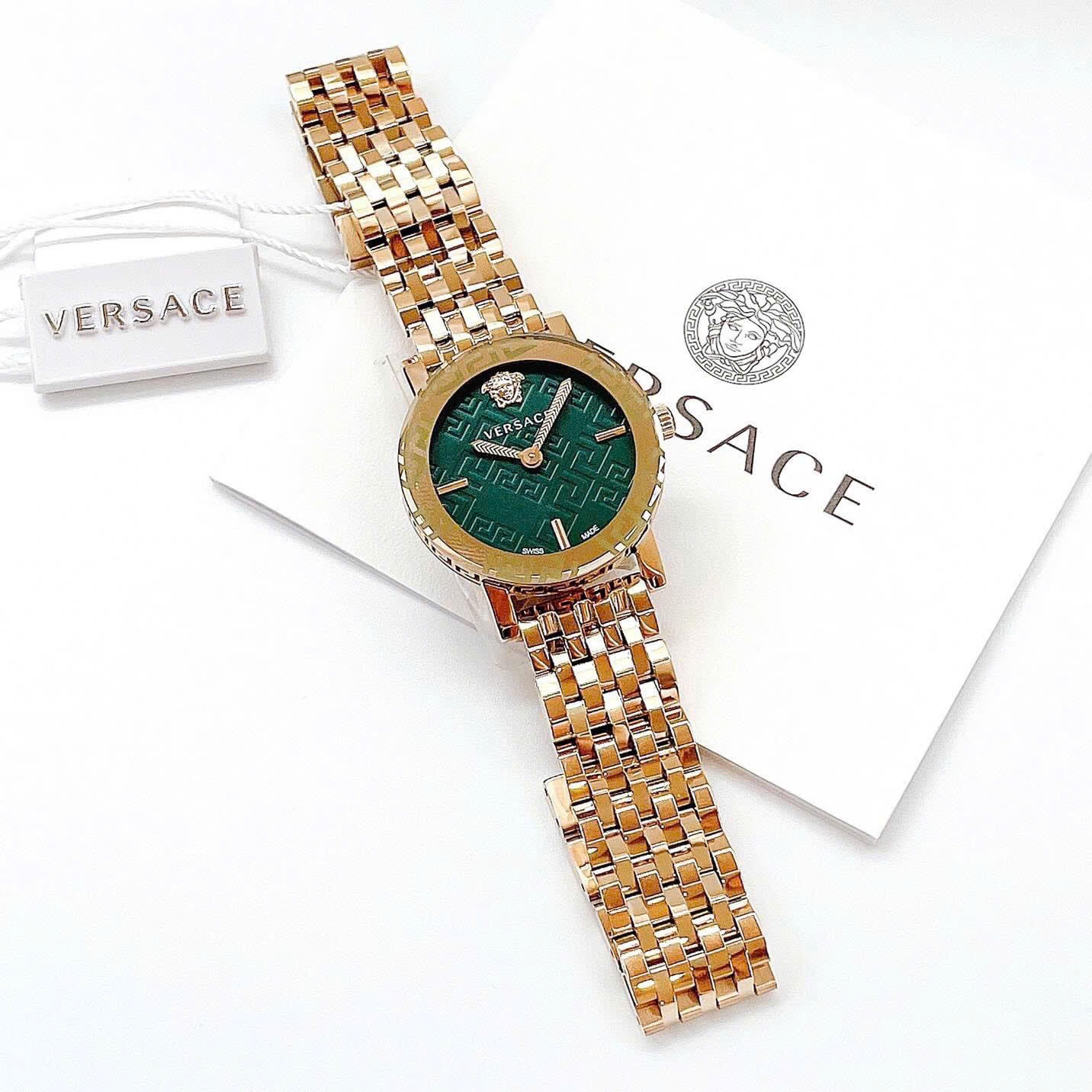 Đồng Hồ Versace Greca Glass Bracelet |Nữ Giới |Xanh Lá |Dây Kim Loại Vàng Gold |Máy Pin (Quartz) |Size 32mm |donghogiatot.vn