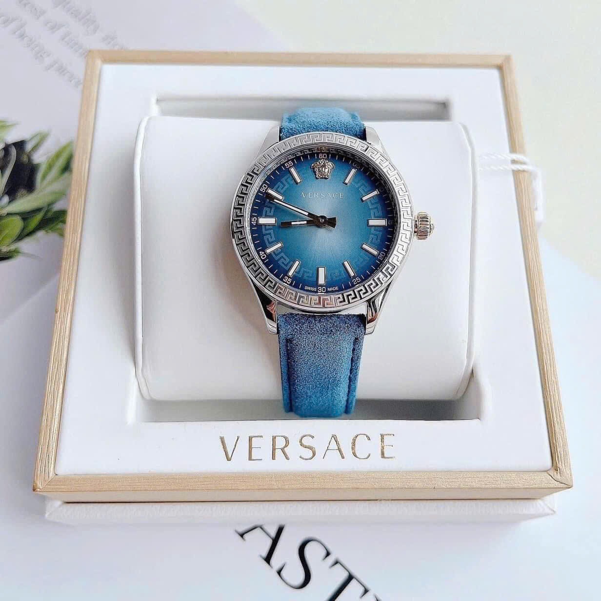 Đồng Hồ Versace Hellenyium |Nữ Giới |Silver |Dây Da Lộn Xanh Da Trời |Máy Pin (Quartz) |Size 36mm |donghogiatot.vn