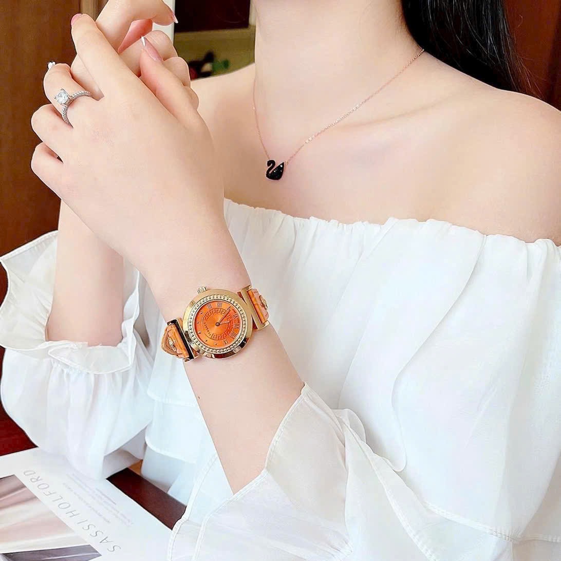 Đồng Hồ Versace Vanity |Nữ Giới |Vàng Gold |Dây Da Màu Cam |Máy Pin (Quartz) |Size 35mm |donghogiatot.vn