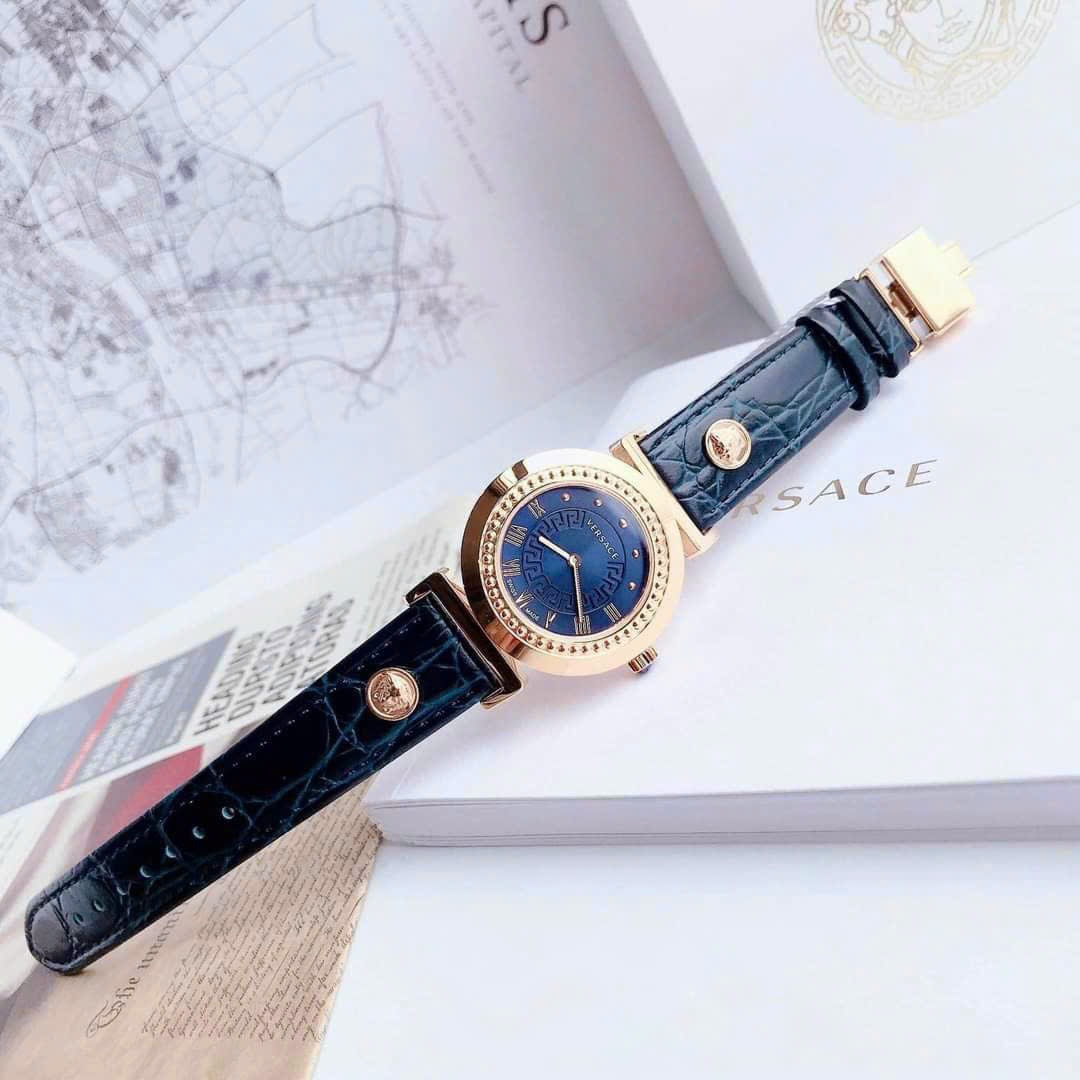 Đồng Hồ Versace Vanity |Nữ Giới |Vàng Gold |Dây Da Xanh Dương |Máy Pin (Quartz) |Size 35mm |donghogiatot.vn