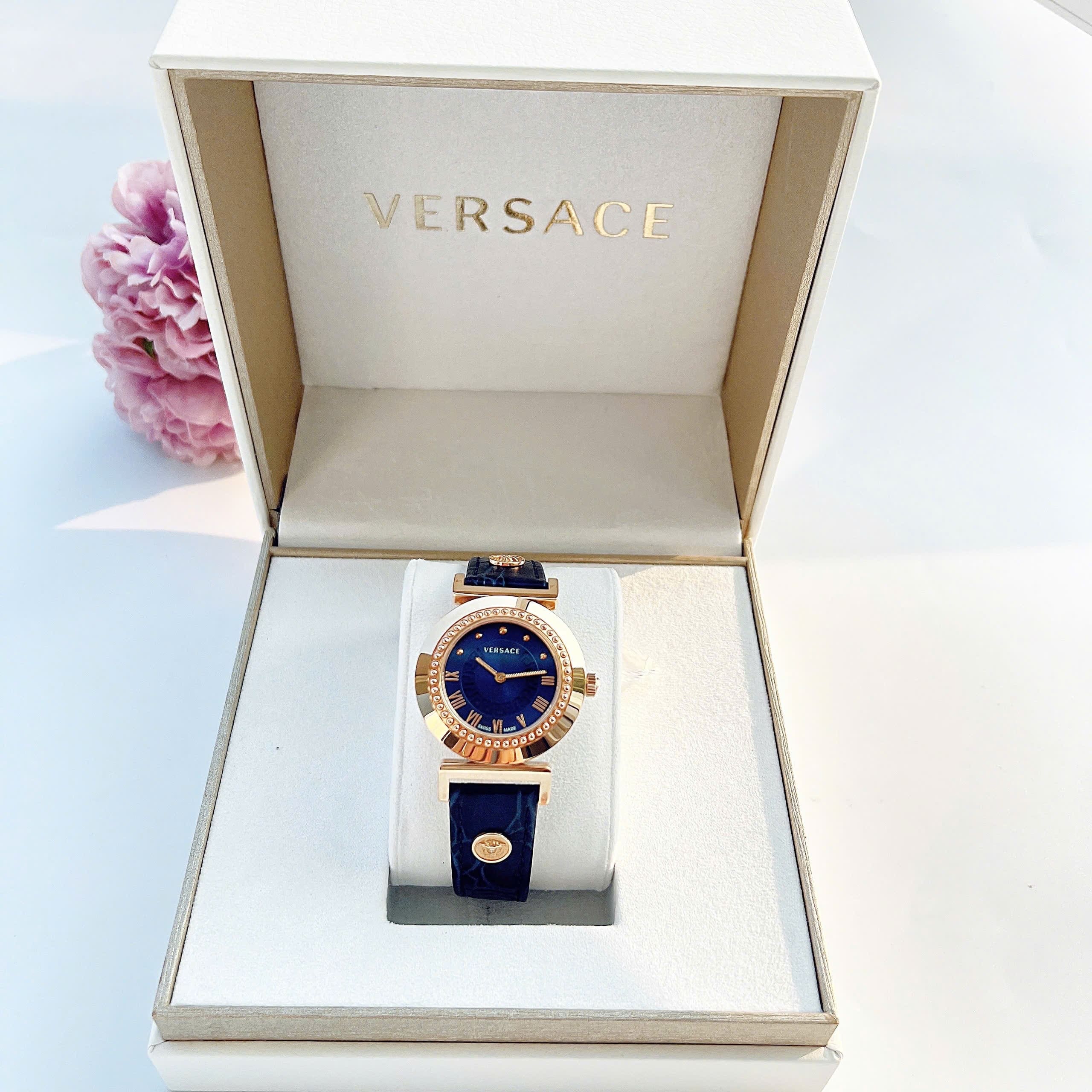 Đồng Hồ Versace Vanity |Nữ Giới |Vàng Gold |Dây Da Xanh Dương |Máy Pin (Quartz) |Size 35mm |donghogiatot.vn