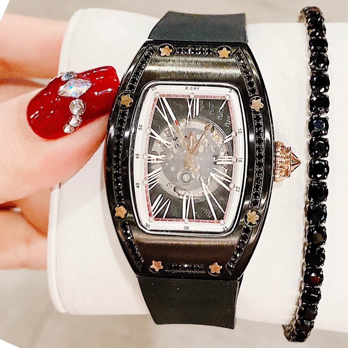 Đồng Hồ Xcer Đính Đá Đen |Nữ Giới |Lộ Máy |Dây Cao Su Đen |Máy Tự Động (Automatic) |Size 36mm |donghogiatot.vn