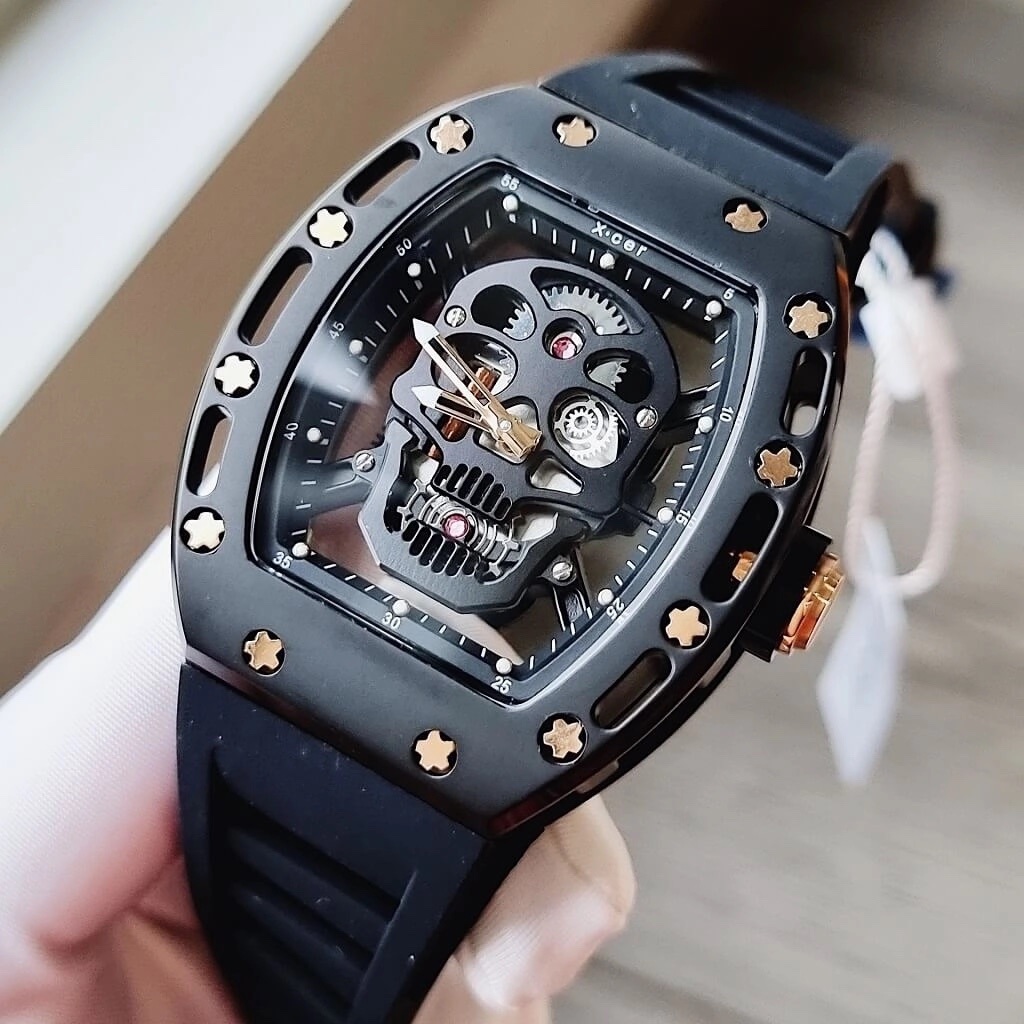 Đồng Hồ Xcer Hình Đầu Lâu |Nam Giới |Mặt Oval |Full Đen |Dây Silicone |Máy Pin (Quartz) |Size 42mm |donghogiatot.vn