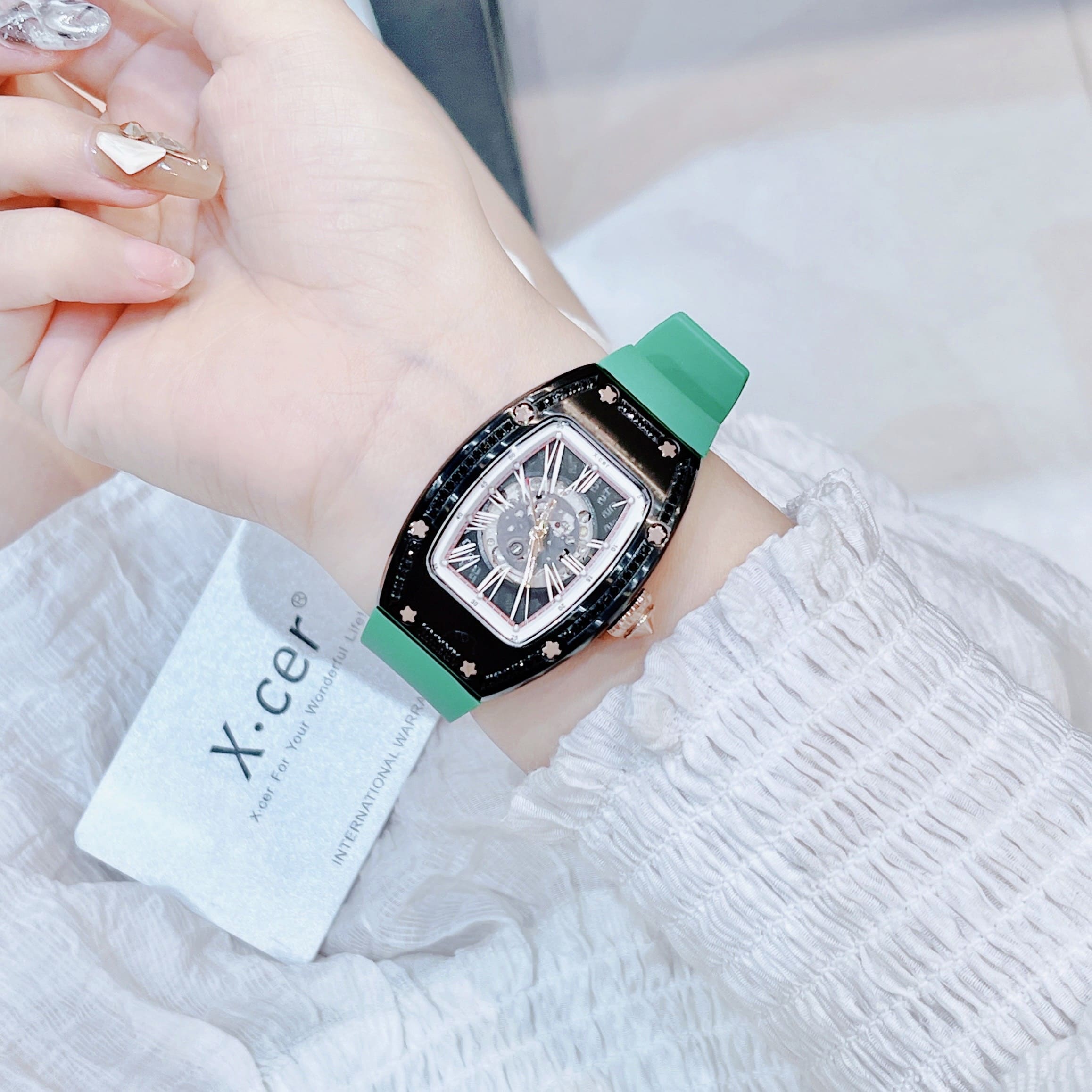 Đồng Hồ Xcer Lộ Cơ Skeleton |Nữ Giới |Mặt Full Đen |Dây Silicone Xanh Lá |Máy Tự Động (Automatic) |Size 36mm |donghogiatot.vn