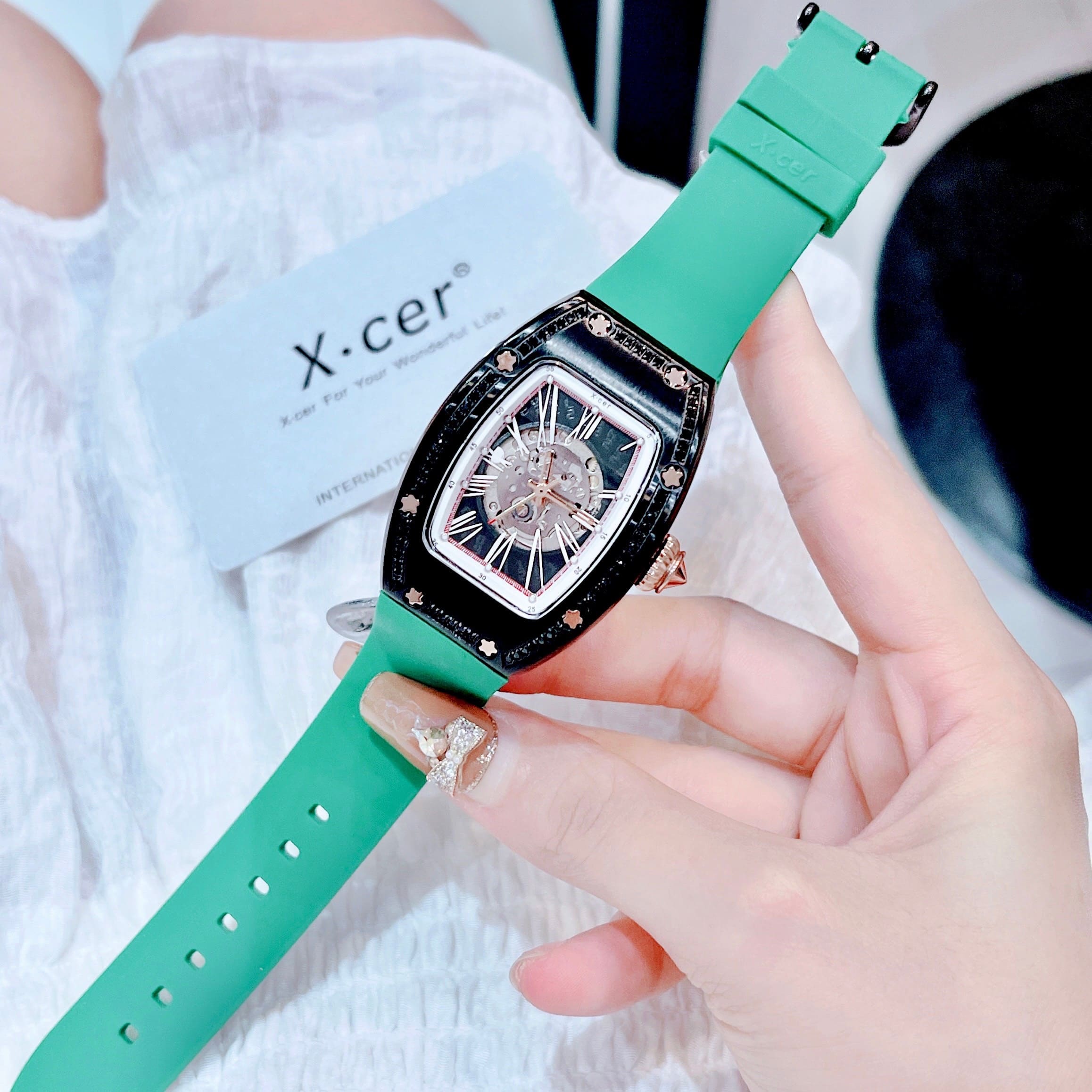 Đồng Hồ Xcer Lộ Cơ Skeleton |Nữ Giới |Mặt Full Đen |Dây Silicone Xanh Lá |Máy Tự Động (Automatic) |Size 36mm |donghogiatot.vn