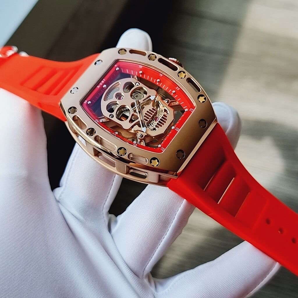 Đồng Hồ Xcer Lộ Máy |Nam Giới |Mặt Đầu Lâu |Rose Gold |Dây Cao Su Đỏ |Máy Pin (Quartz) |Size 42mm |donghogiatot.vn