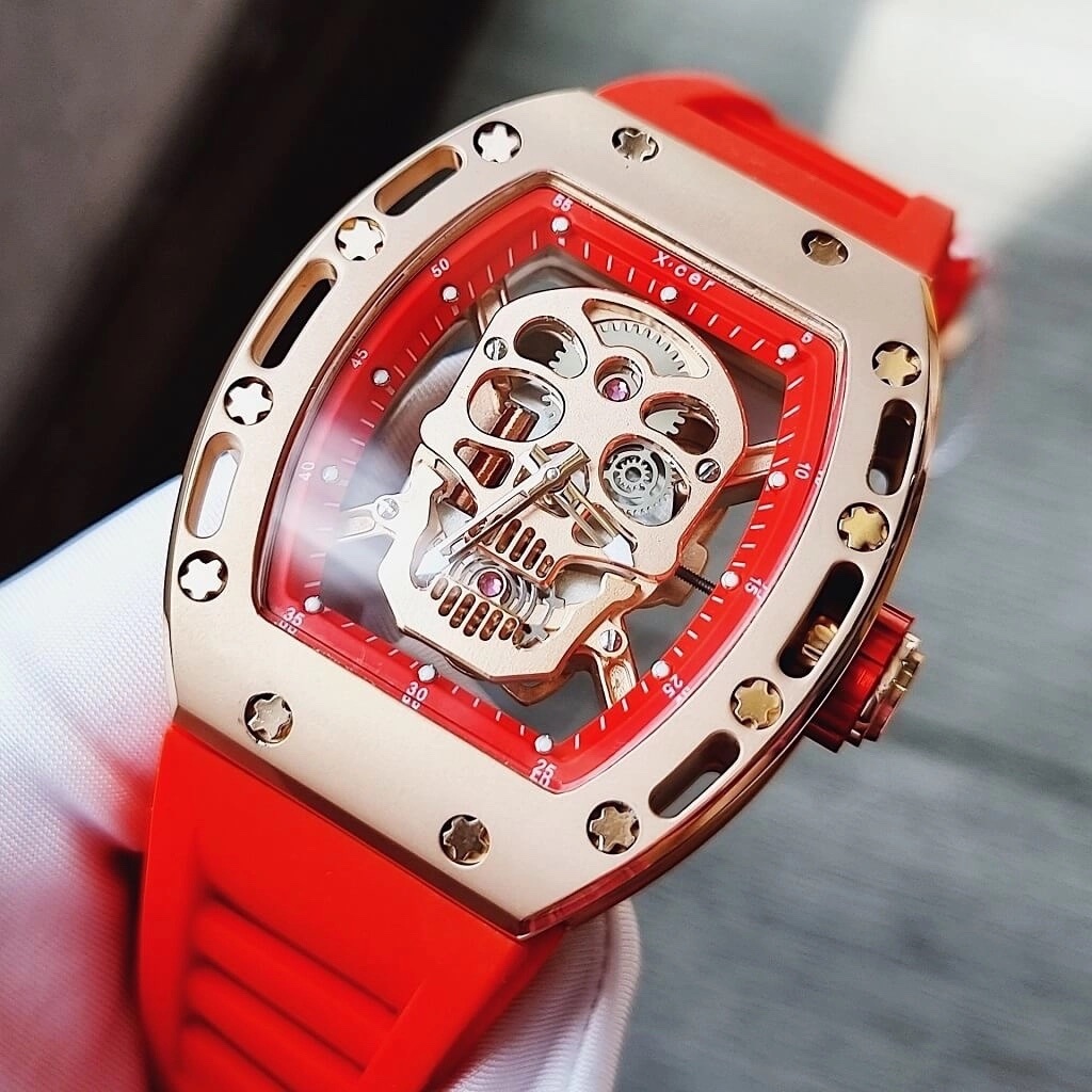 Đồng Hồ Xcer Lộ Máy |Nam Giới |Mặt Đầu Lâu |Rose Gold |Dây Cao Su Đỏ |Máy Pin (Quartz) |Size 42mm |donghogiatot.vn