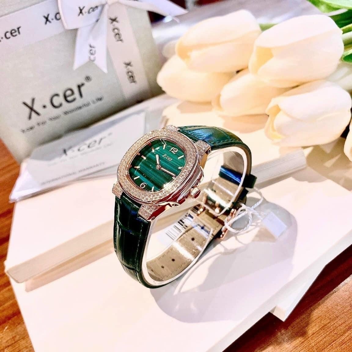 Đồng Hồ Xcer Mặt Vuông |Nữ Giới |Đính Đá |Rose Gold |Dây Da Xanh Lá |Máy Pin (Quartz) |Size 30mm |donghogiatot.vn