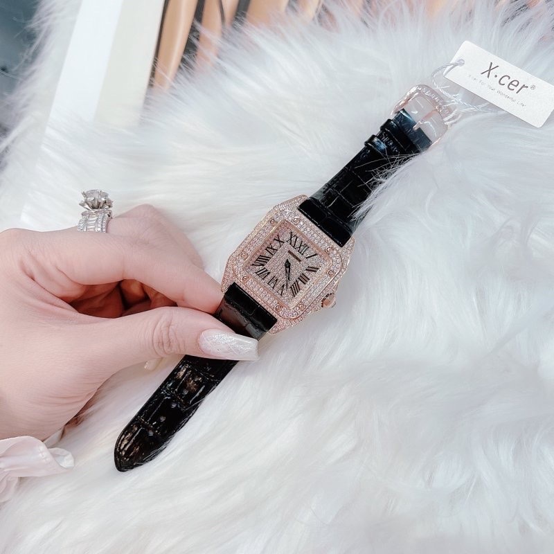 Đồng Hồ Xcer Mặt Vuông |Nữ Giới |Full Đá |Rose Gold |Dây Da Đen |Máy Pin (Quartz) |Size 36x36mm |donghogiatot.vn