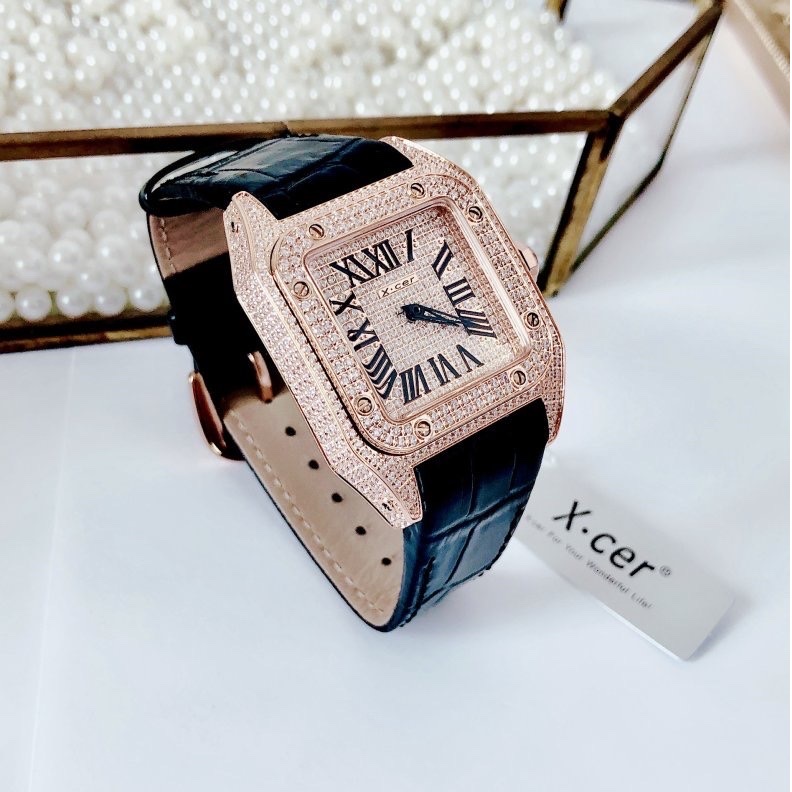 Đồng Hồ Xcer Mặt Vuông |Nữ Giới |Full Đá |Rose Gold |Dây Da Đen |Máy Pin (Quartz) |Size 36x36mm |donghogiatot.vn