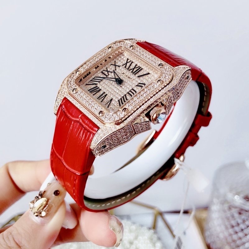 Đồng Hồ Xcer Mặt Vuông |Nữ Giới |Full Đá |Rose Gold |Dây Da Đỏ |Máy Pin (Quartz) |Size 36x36mm |donghogiatot.vn