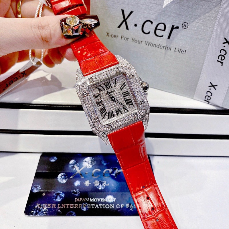 Đồng Hồ Xcer Mặt Vuông |Nữ Giới |Full Đá Swarovski |Silver |Dây Da Đỏ |Máy Pin (Quartz) |Size 36x36mm |donghogiatot.vn