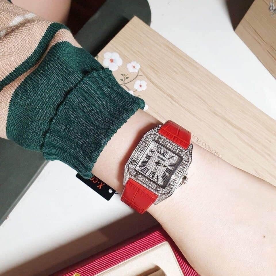 Đồng Hồ Xcer Mặt Vuông |Nữ Giới |Full Đá Swarovski |Silver |Dây Da Đỏ |Máy Pin (Quartz) |Size 36x36mm |donghogiatot.vn
