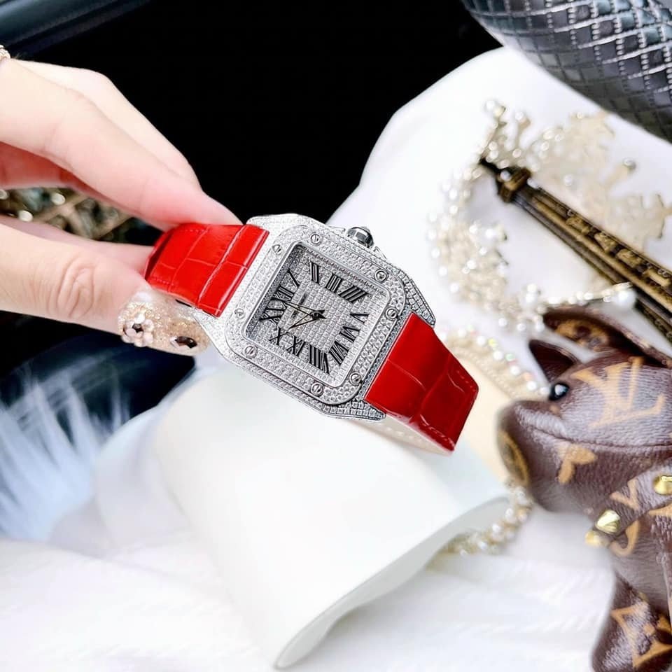 Đồng Hồ Xcer Mặt Vuông |Nữ Giới |Full Đá Swarovski |Silver |Dây Da Đỏ |Máy Pin (Quartz) |Size 36x36mm |donghogiatot.vn
