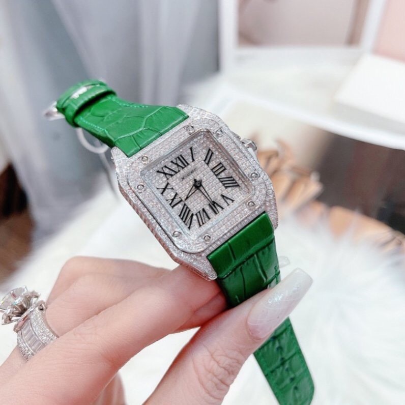 Đồng Hồ Xcer Mặt Vuông |Nữ Giới |Full Đá Swarovski |Silver |Dây Da Xanh Lá |Máy Pin (Quartz) |Size 36x36mm |Donghogiatot.vn