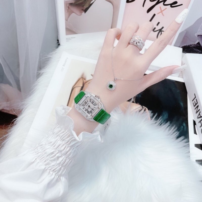 Đồng Hồ Xcer Mặt Vuông |Nữ Giới |Full Đá Swarovski |Silver |Dây Da Xanh Lá |Máy Pin (Quartz) |Size 36x36mm |Donghogiatot.vn