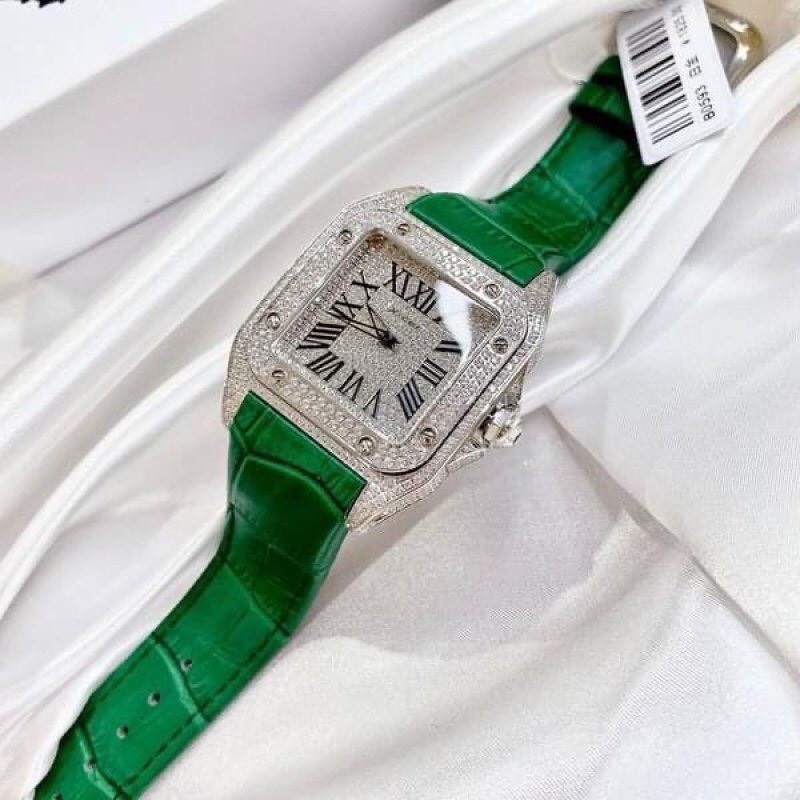 Đồng Hồ Xcer Mặt Vuông |Nữ Giới |Full Đá Swarovski |Silver |Dây Da Xanh Lá |Máy Pin (Quartz) |Size 36x36mm |Donghogiatot.vn