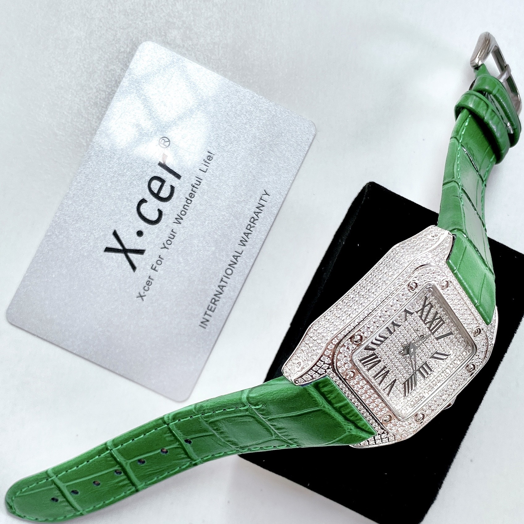 Đồng Hồ Xcer Mặt Vuông |Nữ Giới |Full Đá Swarovski |Silver |Dây Da Xanh Lá |Máy Pin (Quartz) |Size 36x36mm |Donghogiatot.vn