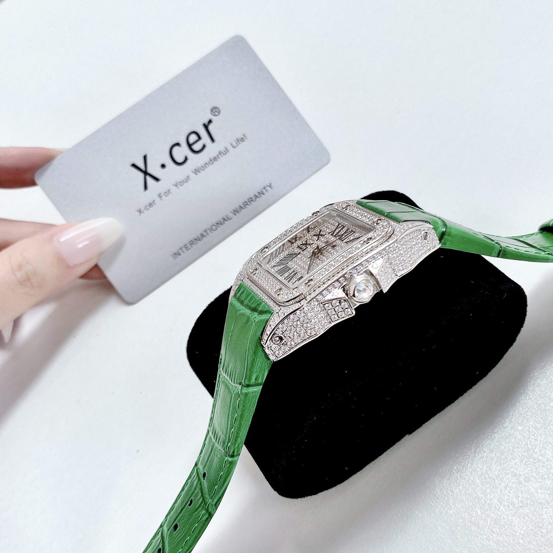 Đồng Hồ Xcer Mặt Vuông |Nữ Giới |Full Đá Swarovski |Silver |Dây Da Xanh Lá |Máy Pin (Quartz) |Size 36x36mm |Donghogiatot.vn