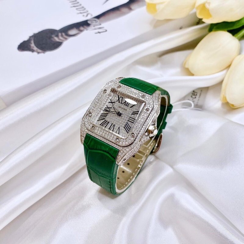 Đồng Hồ Xcer Mặt Vuông |Nữ Giới |Full Đá Swarovski |Silver |Dây Da Xanh Lá |Máy Pin (Quartz) |Size 36x36mm |Donghogiatot.vn