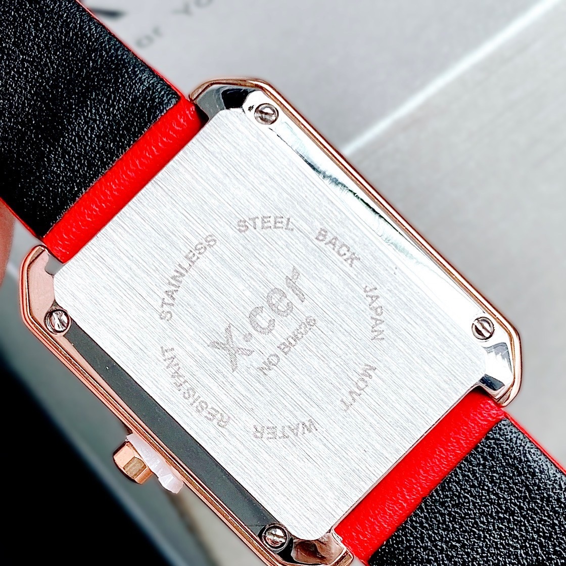 Đồng Hồ Xcer Mặt Vuông Trắng |Nữ Giới |Đính Đá |Rose Gold |Dây Da Đỏ |Máy Pin (Quartz) |Size 28mm |donghogiatot.vn