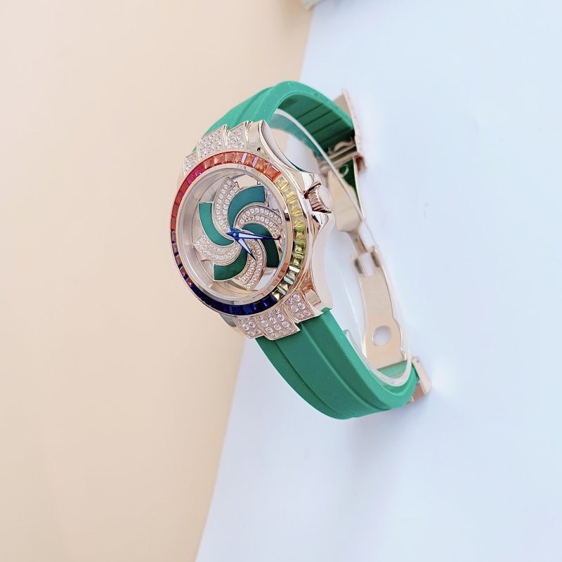 Đồng Hồ Xcer Mặt Xoay |Nữ Giới |Đính Đá |Rose Gold |Dây Cao Su Xanh Lá |Máy Pin (Quartz) |Size 38mm |donghogiatot.vn