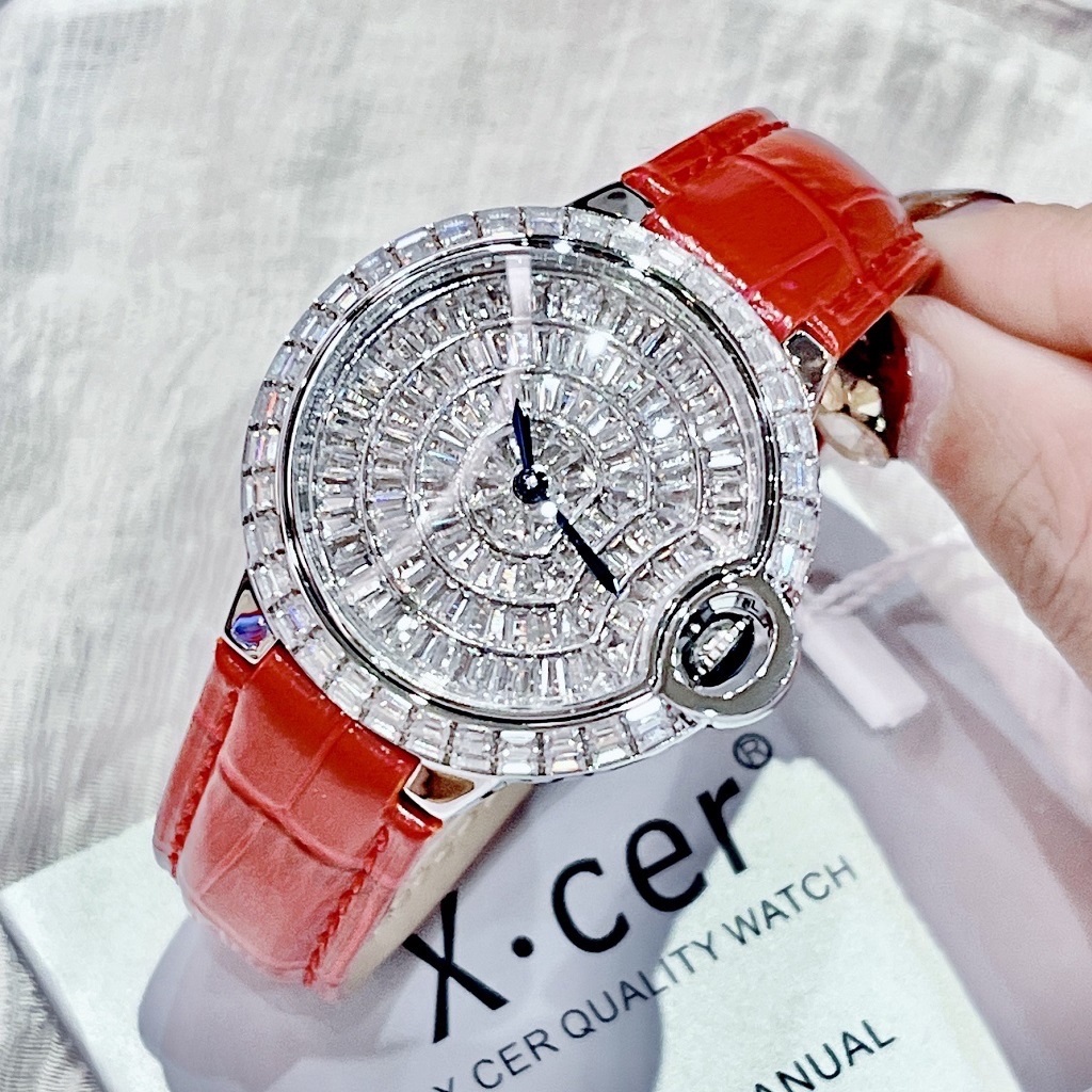 Đồng Hồ Xcer Tựa Cartier |Nữ Giới |Đính Đá |Trắng Silver |Dây Da Đỏ |Máy Pin (Quartz) |Size 36mm |donghogiatot.vn